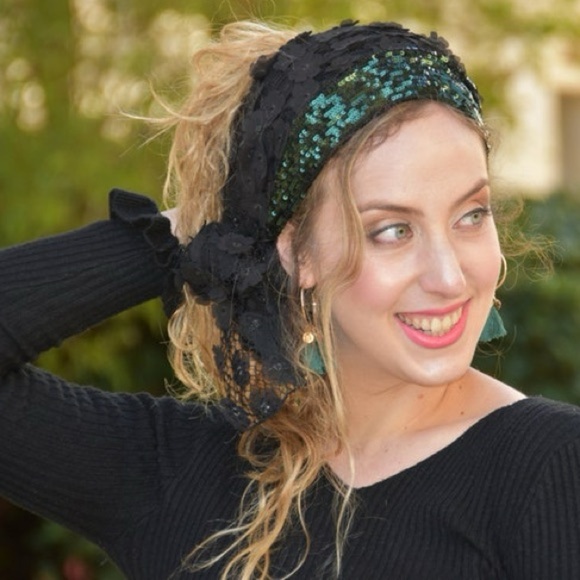 Lovely Black & Green Lace Handmade Mitpachat Head Covering-Scarf-Tichel Headband main image 8